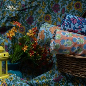 Intricately hand block-printed fabric with floral patterns in vibrant colours